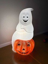 VTG 34" Lg Ghost on Pumpkin / Jack-O-Lantern Lighted Halloween Blow Mold 34"