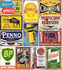 12 Pieces Reproduced Vintage Gas Oil Car Tin Signs, Home Bar Man Cave Garage Dec