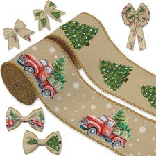 2 Rolls Vintage Christmas Ribbon Set -2.56" X 5 Yards Each - Truck with Christma