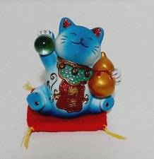 3" Blue Maneki Neko Cat Figurine Red Pillow Kao Miao Chuang Glass Ball Gourd