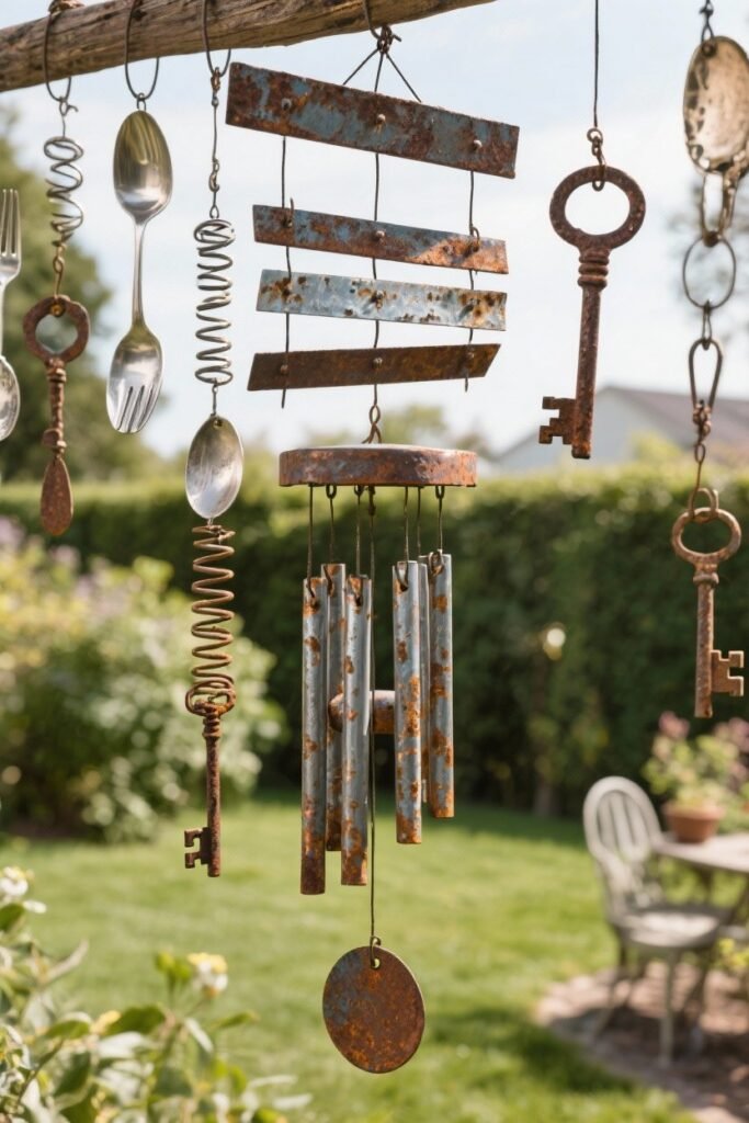 Rusty wind chimes made from vintage keys and utensils, hanging in a garden, creating a charming and rustic outdoor decor element.