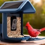 A vibrant red bird feeding from a solar-powered bird feeder, showcasing innovative design and nature's beauty in a serene outdoor setting.