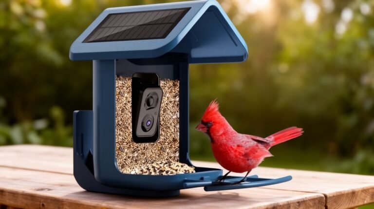 A vibrant red bird feeding from a solar-powered bird feeder, showcasing innovative design and nature's beauty in a serene outdoor setting.