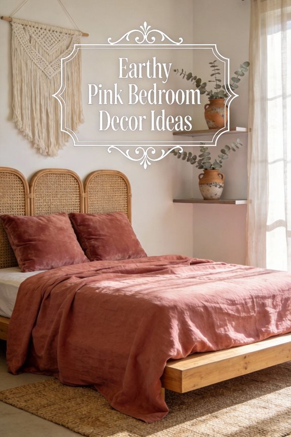 Cozy earthy pink bedroom featuring a wooden bed frame with matching pillows and blanket, complemented by a macramé wall hanging and decorative plants on shelves. Perfect for decor inspiration.
