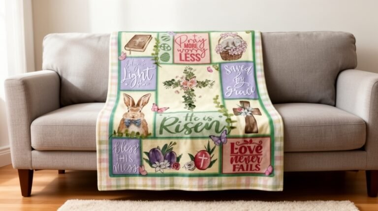 Colorful decorative blanket featuring Easter-themed quotes and illustrations, including a bunny, flowers, and religious symbols, draped over a modern sofa.