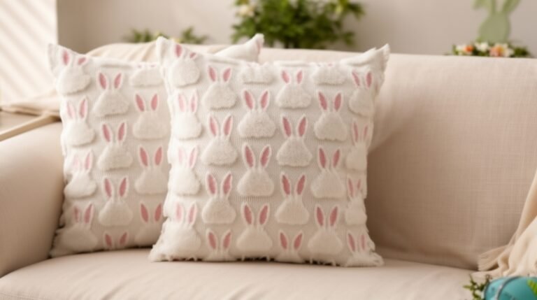 Two decorative pillows with a bunny pattern, featuring soft white fabric and pink accents, placed on a light-colored sofa in a cozy living space.