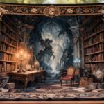 Intricate tapestry depicting a gothic library scene with bookshelves, candles, and ornate details, perfect for adding a mystical ambiance to any room.