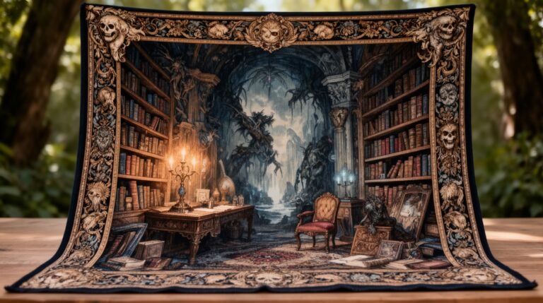 Intricate tapestry depicting a gothic library scene with bookshelves, candles, and ornate details, perfect for adding a mystical ambiance to any room.