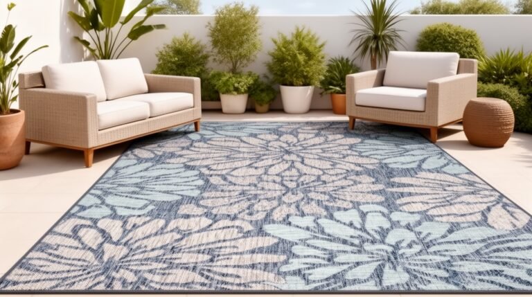 Stylish outdoor seating area featuring a floral patterned rug, modern wicker furniture, and lush greenery for a relaxing atmosphere.