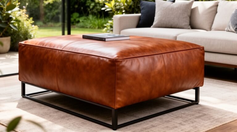 Stylish brown leather ottoman with a sleek metal frame, placed in a modern living room setting, complemented by greenery and a cozy sofa.