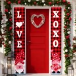 Festive red door adorned with heart balloons, a wreath, and playful gnome decorations, creating a cheerful Valentine's Day entrance.