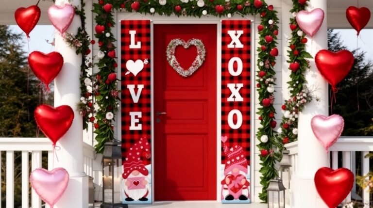 Festive red door adorned with heart balloons, a wreath, and playful gnome decorations, creating a cheerful Valentine's Day entrance.