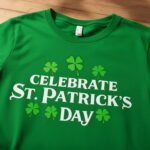 Green St. Patrick's Day t-shirt featuring "Celebrate St. Patrick's Day" text and clover graphics, displayed on a wooden table. Perfect for festive occasions.