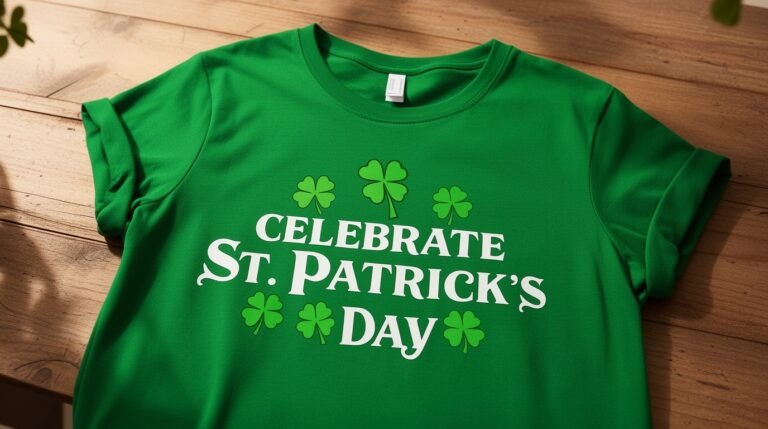 Green St. Patrick's Day t-shirt featuring "Celebrate St. Patrick's Day" text and clover graphics, displayed on a wooden table. Perfect for festive occasions.