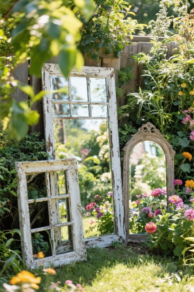 Vintage mirrors surrounded by colorful flowers in a lush garden, showcasing rustic charm and natural beauty in outdoor decor.