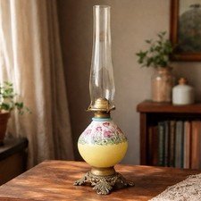 Antique Victorian Oil Lamp 1900s P.G. Co. Brass & Milk Glass Floral