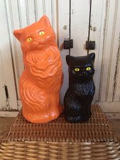 Blow Mold Plastic Halloween Black Orange Cats Bank Scary Yellow Eyes PAIR
