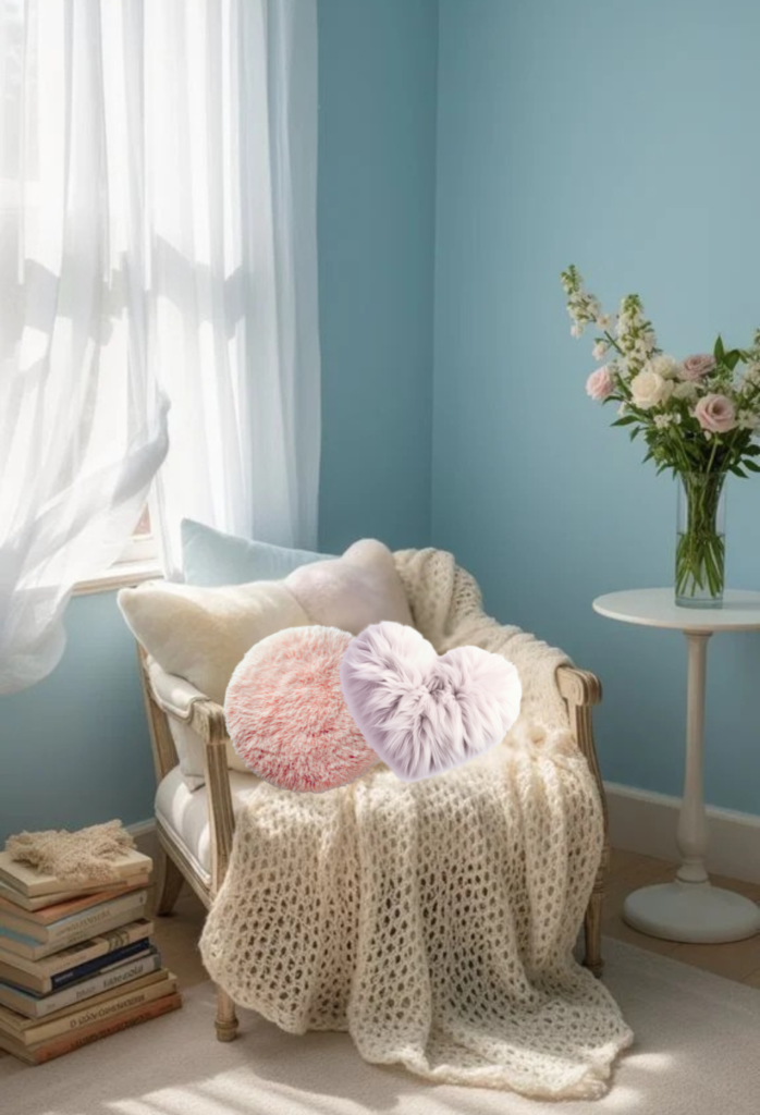 Cozy reading nook featuring heart-shaped pillows, a knitted blanket, and fresh flowers against a soft blue wall, creating a serene atmosphere.