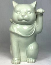 Celadon Maneki Neko Cat 7.25" Beckoning Wealth and Prosperity Vintage