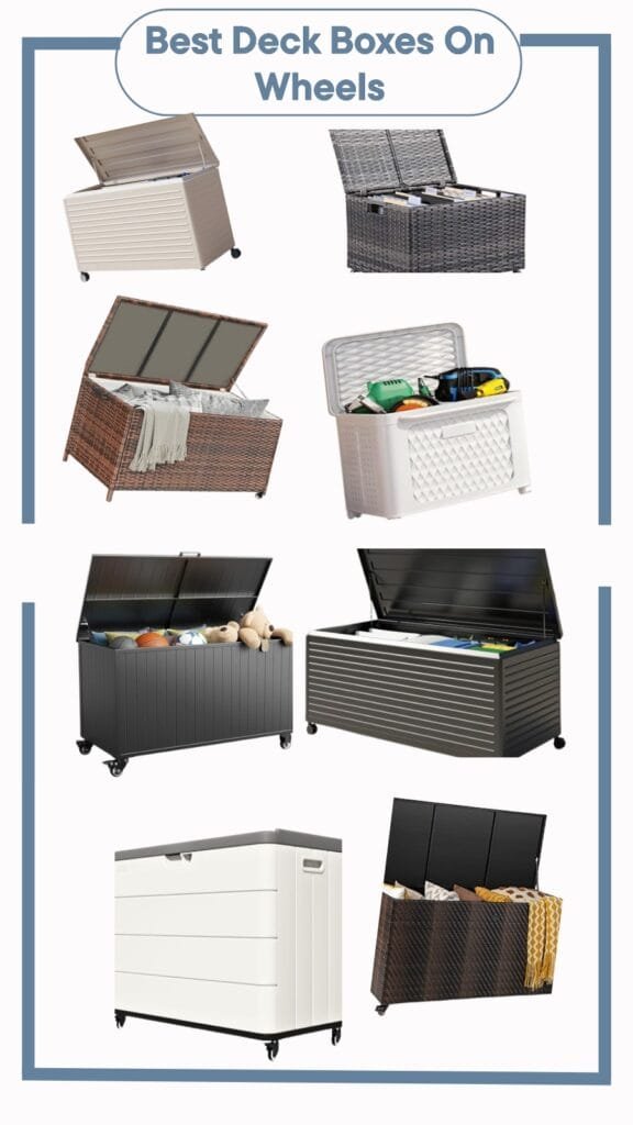 Collection of stylish deck boxes on wheels, showcasing various designs and colors for outdoor storage solutions and organization. Perfect for patios and decks.