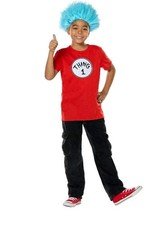 Dr Seuss Thing 1 & 2 Costume Shirt, Wig & 2 Patches Seuss Day Kids Size S/M