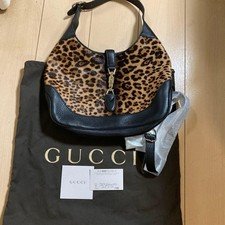 Gucci Calf Fur Leather Hand Bag Leopard Pattern Brown Black Vintage Authentic