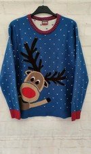 Mens Christmas Jumper Size XL 42-44" Blue Multi Reindeer Bells Thick Crew Neck