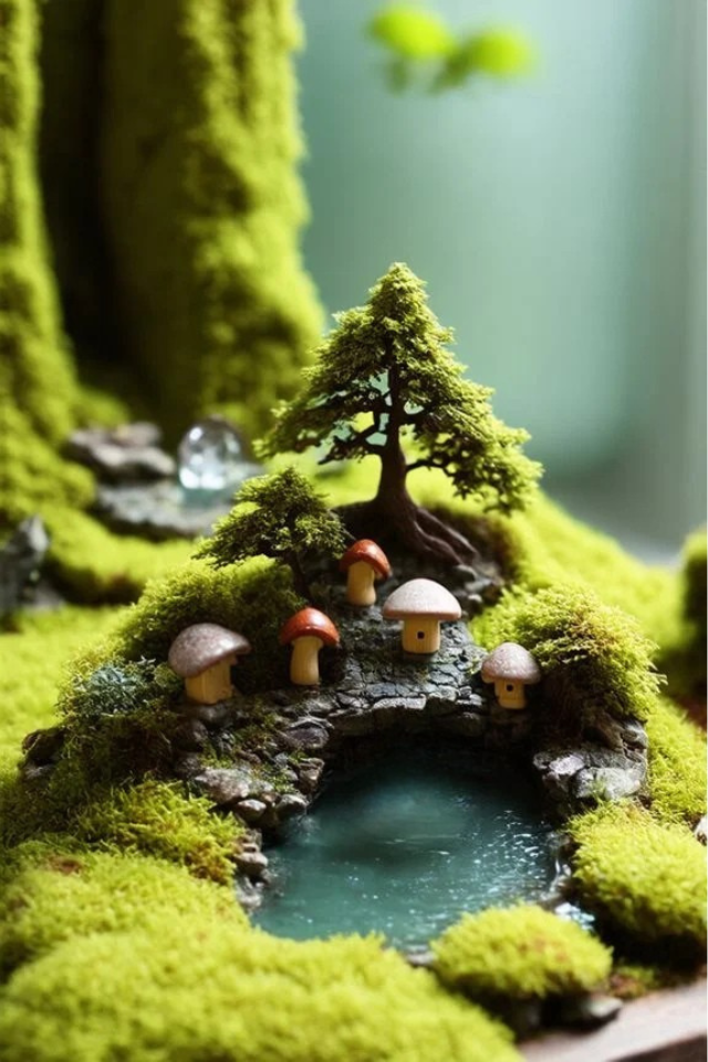 Miniature forest scene with colorful mushrooms, a small pond, and a lush green moss landscape, creating a whimsical and enchanting atmosphere.