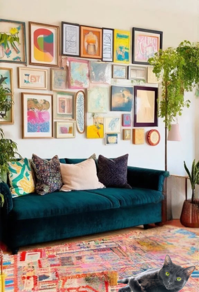 Cozy living room featuring a teal sofa with decorative pillows, vibrant artwork on the wall, a plant, and a cat lounging on a colorful rug.