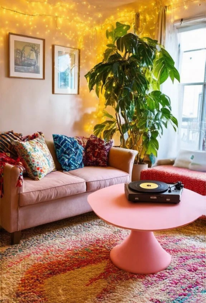Cozy living room featuring a pink coffee table, vibrant cushions, a record player, and warm fairy lights, creating a welcoming ambiance.