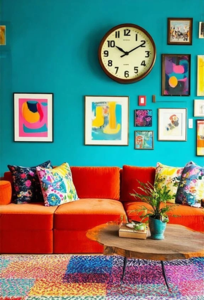 Vibrant living room with orange couch, colorful pillows, teal wall, art gallery, and wooden coffee table, creating a lively and inviting atmosphere.