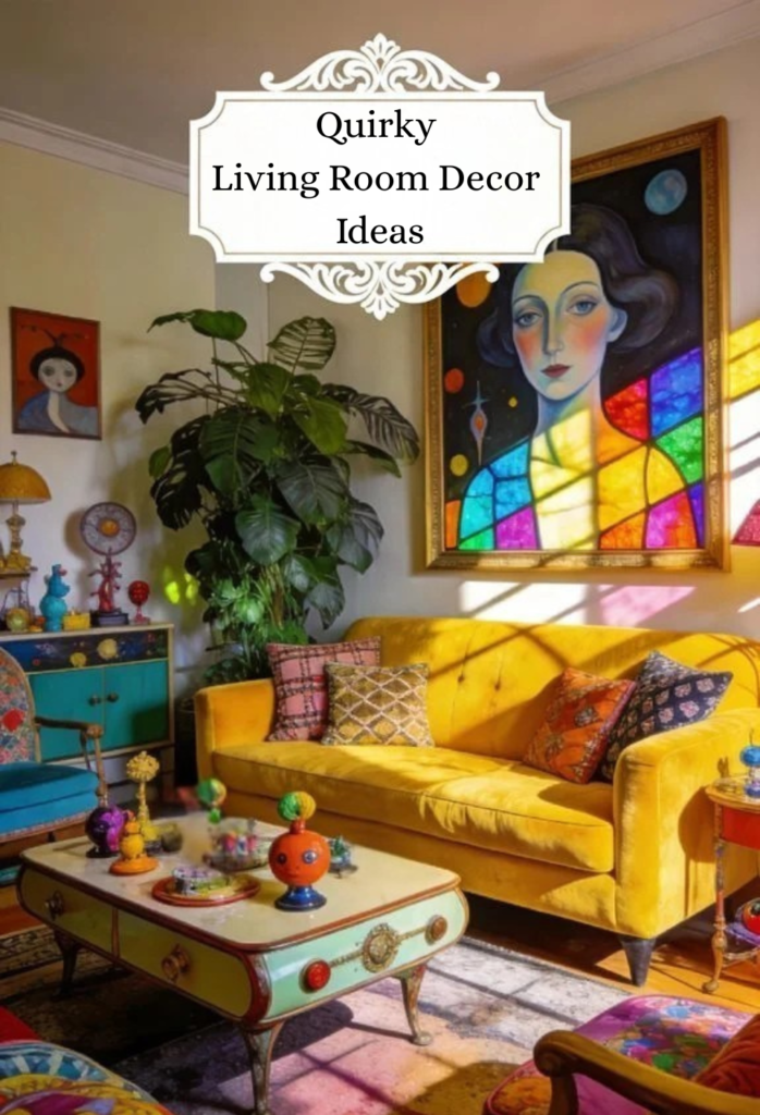 Bright and colorful living room featuring a yellow sofa, vibrant decor, and artistic elements, perfect for quirky interior design inspiration.