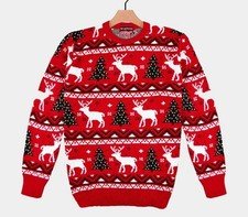 Red Christmas Jumper with Reindeers and Christmas Trees - Women’s Size Large