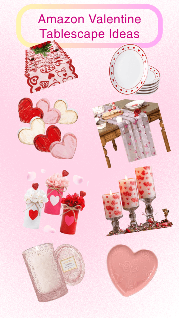 Valentine's Day tablescape ideas featuring heart-themed decor, elegant candles, and romantic table settings available on Amazon for a festive celebration.