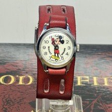 Vintage Bradley Disney Mickey Mouse Watch Swiss Mechanical Movement Red Leather