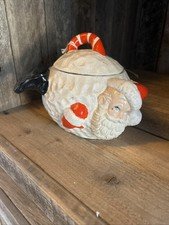 Vintage Ceramic Santa in snowball cookie jar / canister Christmas candy cane