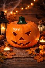 Vintage Halloween Ceramic Pumpkin Jack O Lantern Candlelit Orange Taiwan