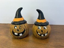 Vintage Pair Of Hand Painted Ceramic Smiling Pumpkins With Hat 4” Tall