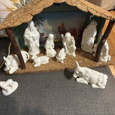 Vintage Porcelain Nativity Set 10 Pieces White With handmade stable