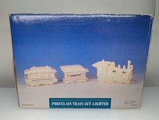 VTG Porcelain Train Set lighted #199543 Gift White Decor Gold Painted Trim 2002