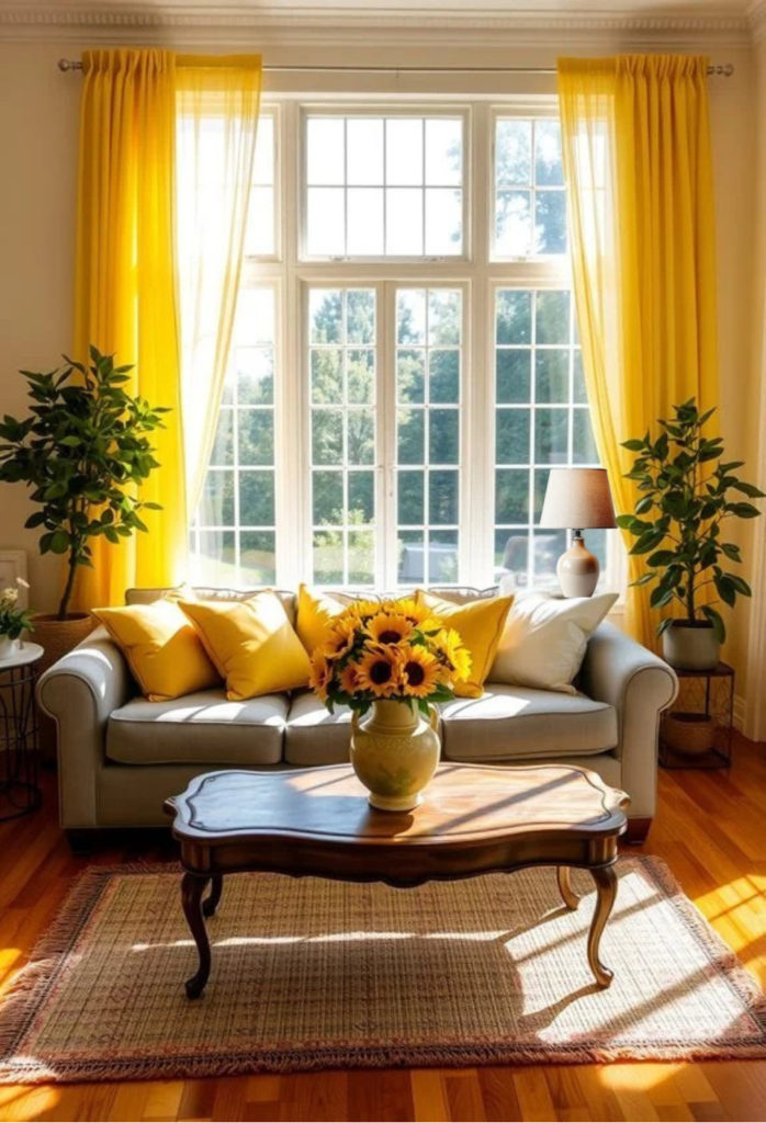 Bright living room with yellow curtains, a gray sofa, sunflowers in a vase, and wooden coffee table, creating a warm and inviting atmosphere.