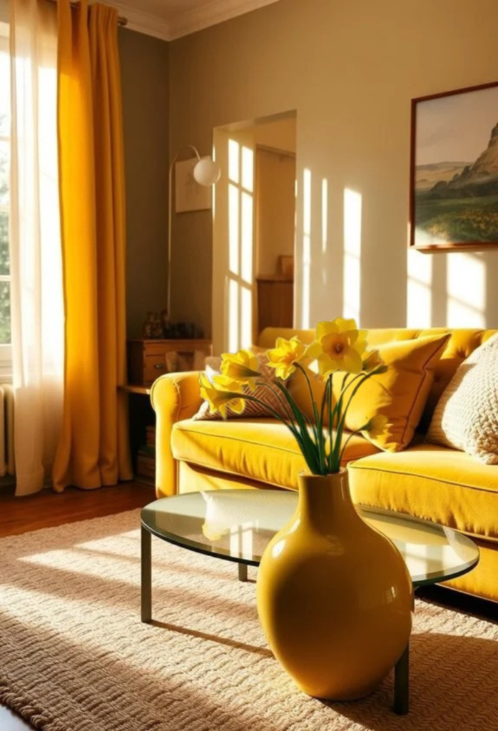 Bright living room featuring a yellow sofa, glass coffee table, and a vase with yellow flowers, illuminated by warm sunlight through sheer curtains.