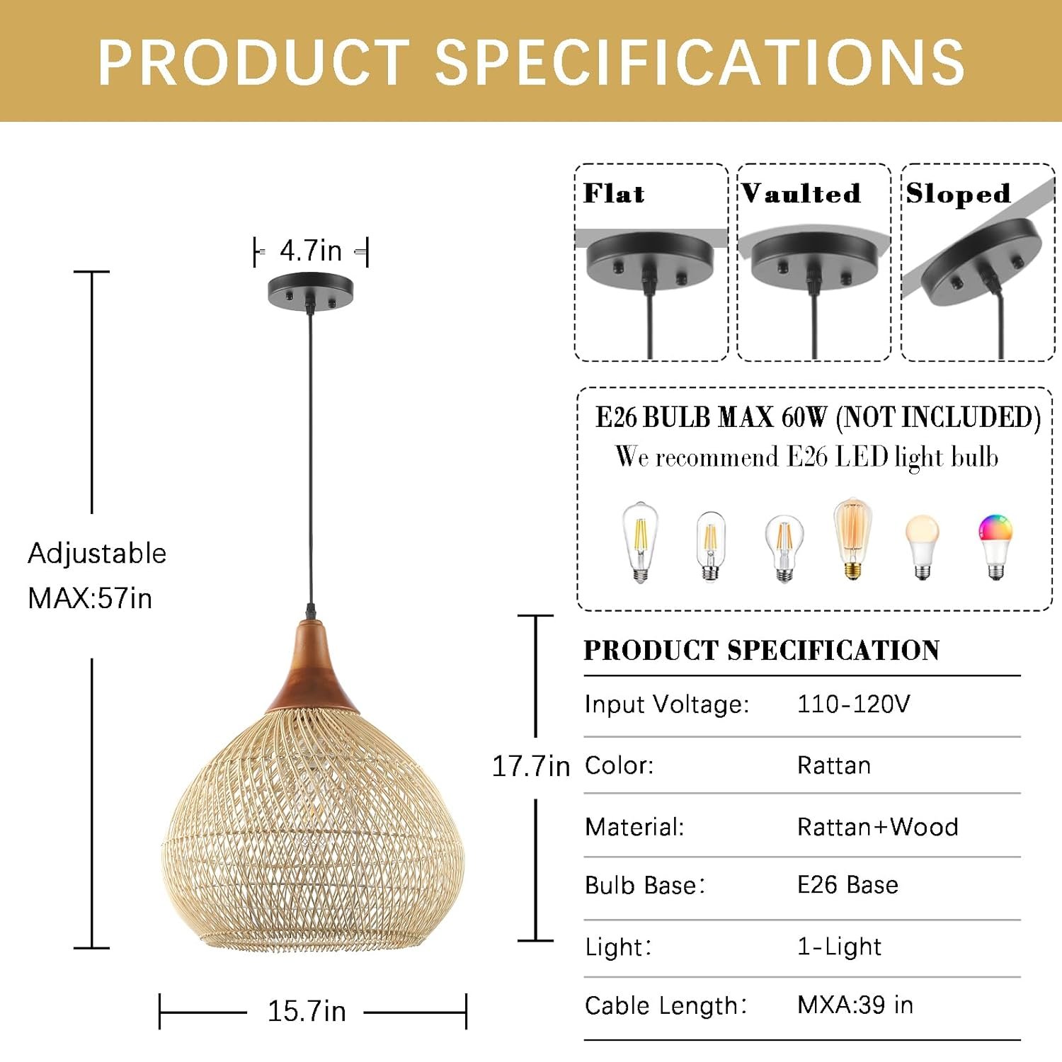 15.7" Hand-Woven Rattan Pendant Light