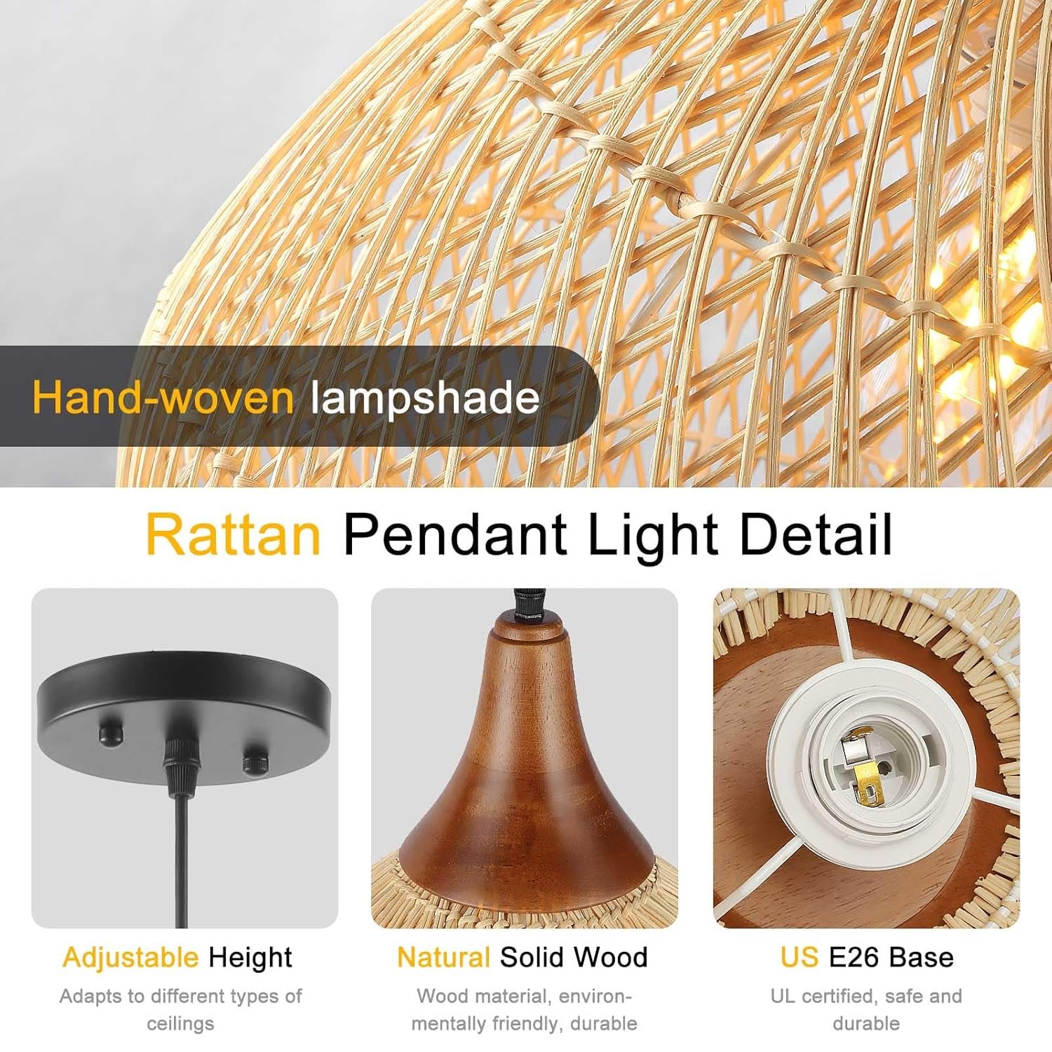 15.7" Hand-Woven Rattan Pendant Light