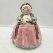 1970s Vintage Granny Cookie Jar Hand Painted Grandma w/ Glasses Signed Patti
