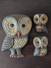 1970s Vintage Painted Wooden Owls Set of 3 Decor Folk Art