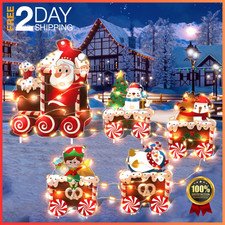 5 Pcs Christmas Decorations Outdoor Lighted up Xmas Yard Elf Snowman Train Set