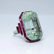 7Ct Vintage Art Deco Style Aquamarine & Ruby Anniversary 14K White Gold FN Ring
