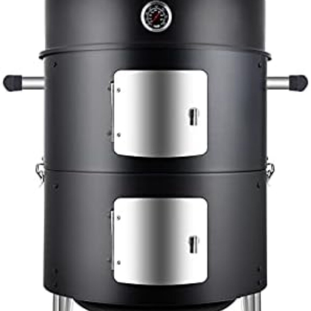 Vertical charcoal smoker with stainless steel doors and temperature gauge, ideal for outdoor cooking and barbecuing enthusiasts seeking flavorful smoked dishes.