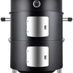 Black vertical smoker with dual compartments, stainless steel doors, and a built-in temperature gauge for perfect outdoor cooking. Ideal for barbecuing enthusiasts.